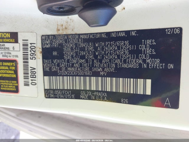 2007 Toyota Sienna Le მანქანა იყიდება აუქციონზე, vin: 5TDZK23CX7S001683, აუქციონის ნომერი: 45152248
