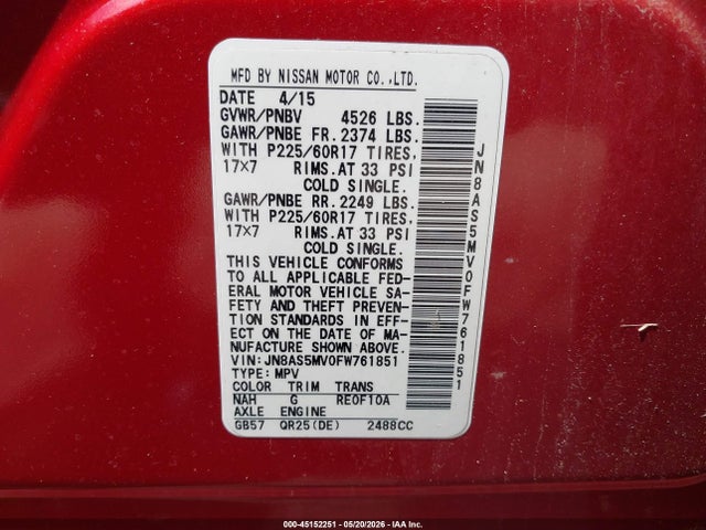 45152251 :رقم المزاد ، JN8AS5MV0FW761851 vin ، 2015 Nissan Rogue Select S مزاد بيع
