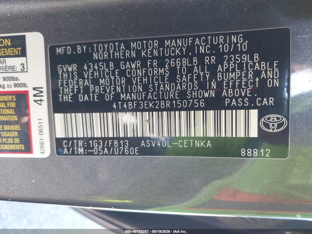 Продажа на аукционе авто 2011 Toyota Camry Le, vin: 4T4BF3EK2BR150756, номер лота: 45152257