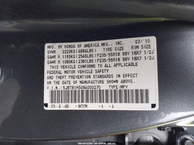 2011 Acura Rdx მანქანა იყიდება აუქციონზე, vin: 5J8TB1H50BA000270, აუქციონის ნომერი: 45152258