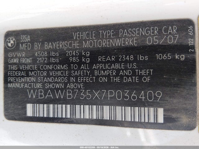 2007 Bmw 335i მანქანა იყიდება აუქციონზე, vin: WBAWB735X7P036409, აუქციონის ნომერი: 45152259