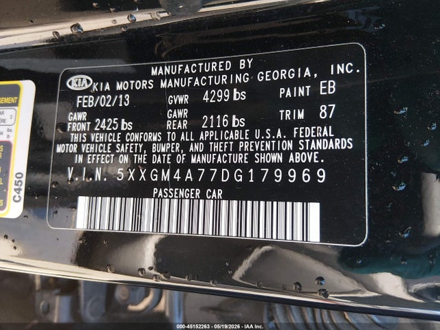 45152263 :رقم المزاد ، 5XXGM4A77DG179969 vin ، 2013 Kia Optima Lx مزاد بيع