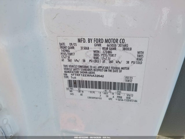 Aukcja sprzedaży 2006 Ford F-150 Stx/xl/xlt, vin: 1FTRF12236NA32642, numer aukcji: 45152265
