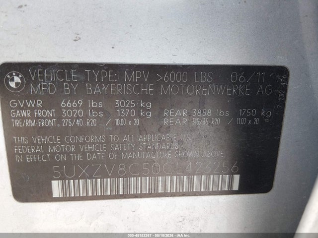 45152267 :رقم المزاد ، 5UXZV8C50CL423256 vin ، 2012 Bmw X5 Xdrive50i مزاد بيع