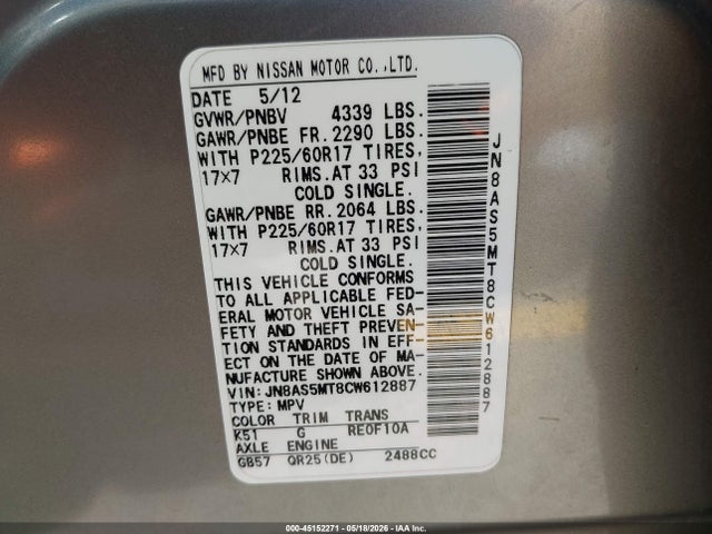 45152271 :رقم المزاد ، JN8AS5MT8CW612887 vin ، 2012 Nissan Rogue Sv مزاد بيع