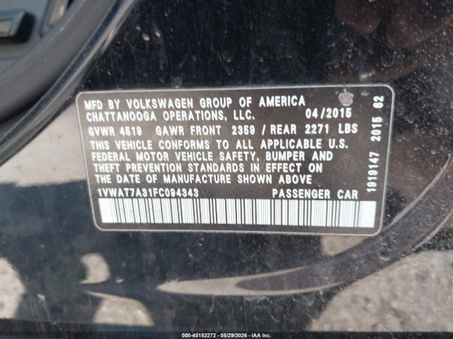 2015 Volkswagen Passat 1.8t Limited Edition მანქანა იყიდება აუქციონზე, vin: 1VWAT7A31FC094343, აუქციონის ნომერი: 45152272