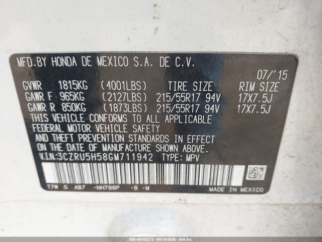 Продаж на аукціоні авто 2016 Honda Hr-v Ex, vin: 3CZRU5H58GM711942, номер лоту: 45152273