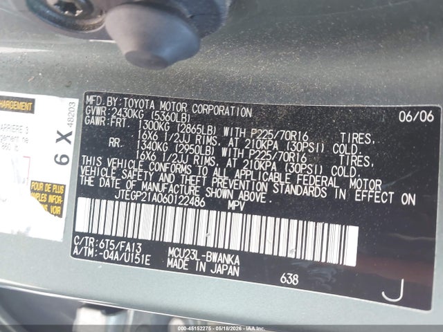 Продажа на аукционе авто 2006 Toyota Highlander V6, vin: JTEGP21A060122486, номер лота: 45152275