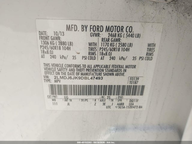 Продаж на аукціоні авто 2013 Lincoln Mkx, vin: 2LMDJ6JK9DBL47493, номер лоту: 45152283