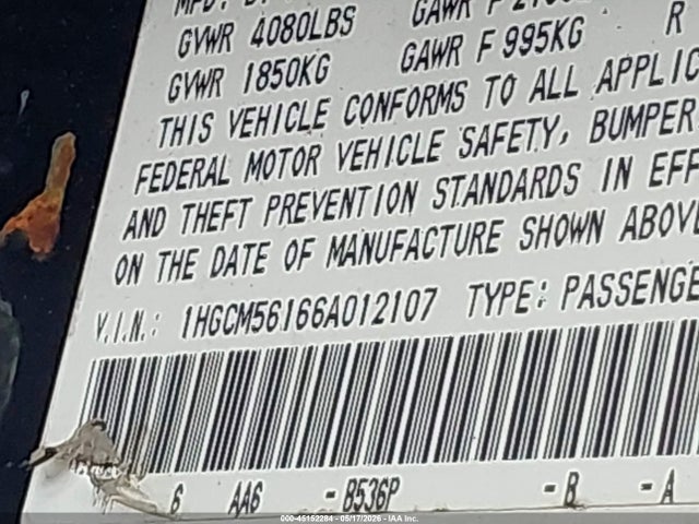 45152284 :رقم المزاد ، 1HGCM56166A012107 vin ، 2006 Honda Accord 2.4 Vp مزاد بيع