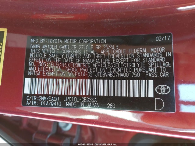 JTDBVRBD7HA001750 Toyota Mirai