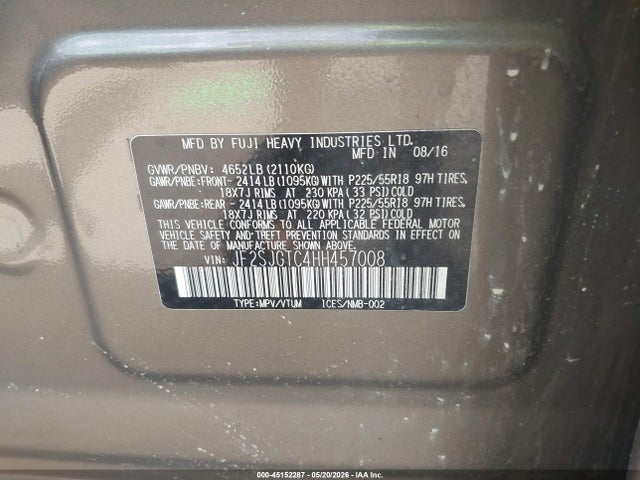 2017 Subaru Forester 2.0xt Touring მანქანა იყიდება აუქციონზე, vin: JF2SJGTC4HH457008, აუქციონის ნომერი: 45152287