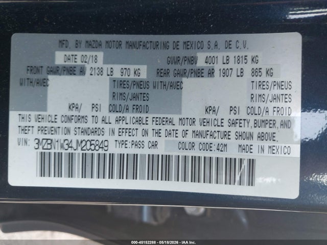 Aukcja sprzedaży 2018 Mazda Mazda3 Grand Touring, vin: 3MZBN1W34JM205849, numer aukcji: 45152288