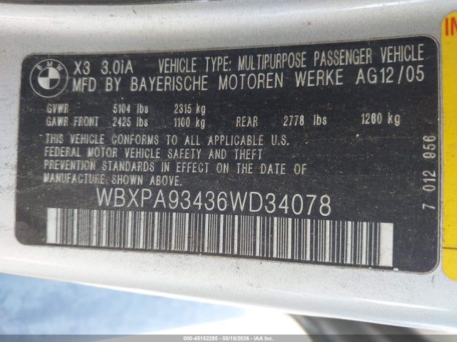2006 Bmw X3 3.0i მანქანა იყიდება აუქციონზე, vin: WBXPA93436WD34078, აუქციონის ნომერი: 45152295