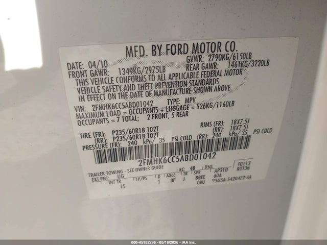 Продажа на аукционе авто 2010 Ford Flex Sel, vin: 2FMHK6CC5ABD01042, номер лота: 45152296