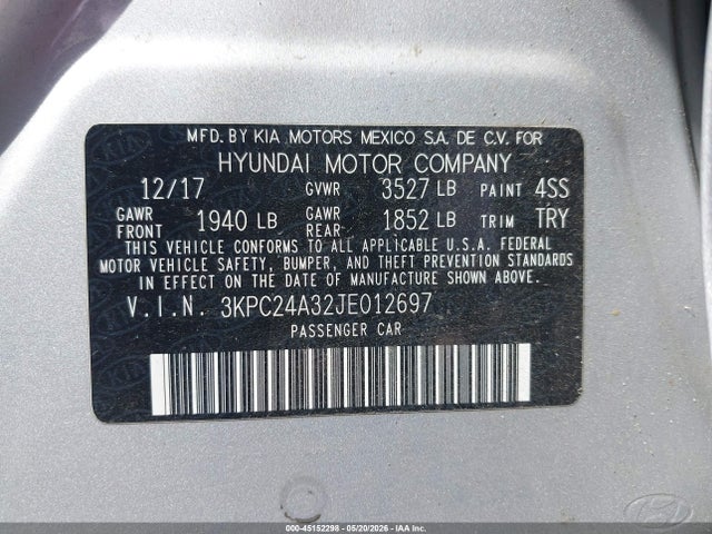 Продаж на аукціоні авто 2018 Hyundai Accent Se, vin: 3KPC24A32JE012697, номер лоту: 45152298