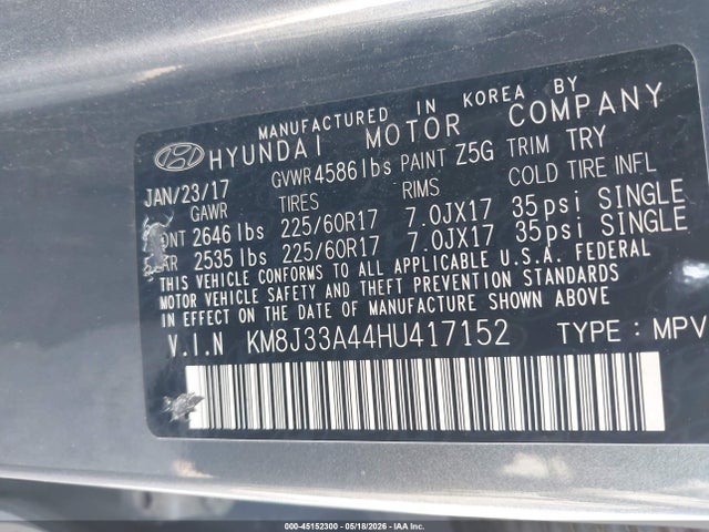KM8J33A44HU417152 Hyundai Tucson Se Plus