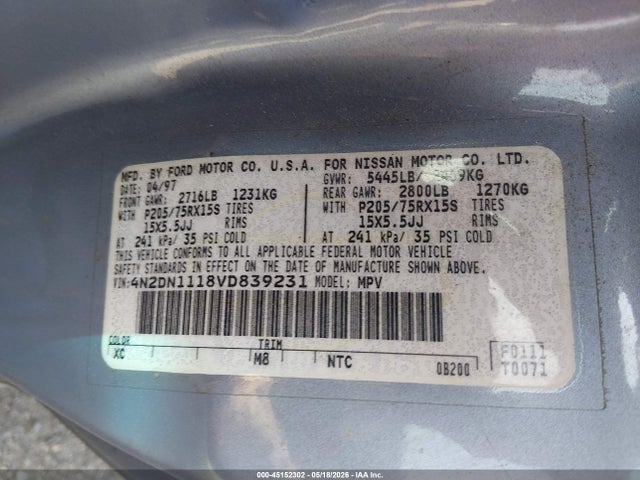 1997 Nissan Quest Gxe/xe მანქანა იყიდება აუქციონზე, vin: 4N2DN1118VD839231, აუქციონის ნომერი: 45152302