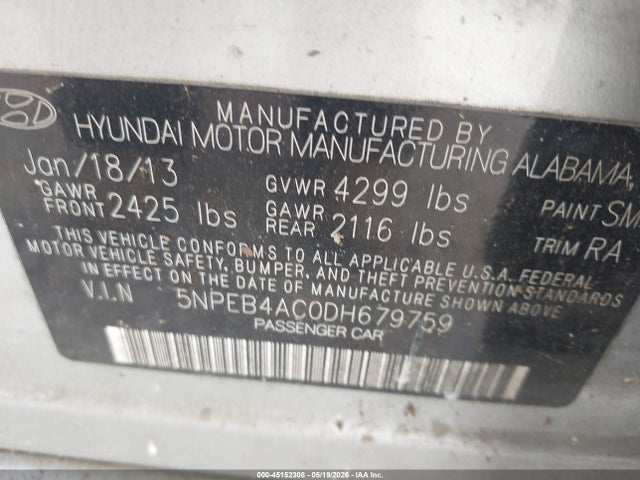 45152308 :رقم المزاد ، 5NPEB4AC0DH679759 vin ، 2013 Hyundai Sonata Gls مزاد بيع