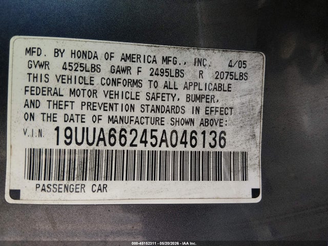 45152311 :رقم المزاد ، 19UUA66245A046136 vin ، 2005 Acura Tl مزاد بيع