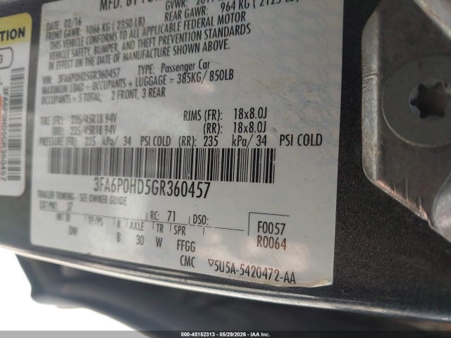 45152313 :رقم المزاد ، 3FA6P0HD5GR360457 vin ، 2016 Ford Fusion Se مزاد بيع