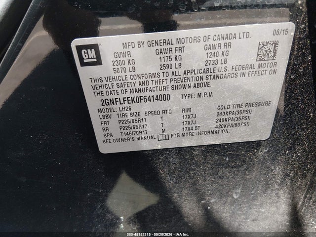 Продажа на аукционе авто 2015 Chevrolet Equinox 1lt, vin: 2GNFLFEK0F6414000, номер лота: 45152315