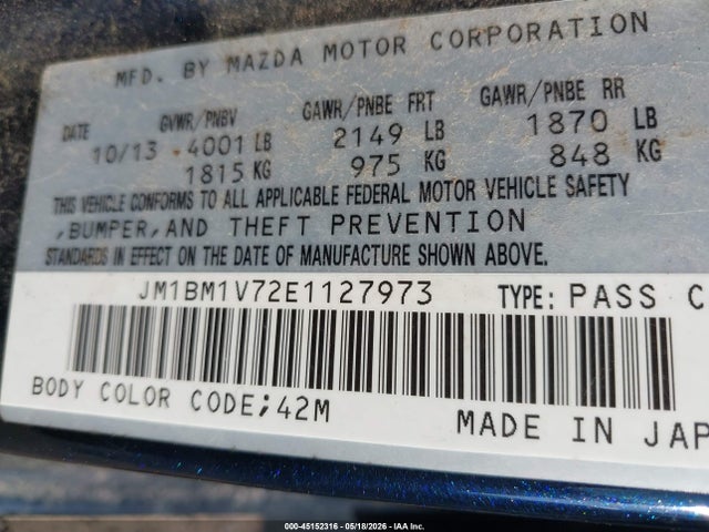 2014 Mazda Mazda3 I Touring მანქანა იყიდება აუქციონზე, vin: JM1BM1V72E1127973, აუქციონის ნომერი: 45152316