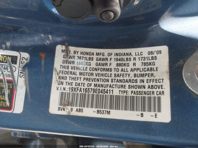 2009 Honda Civic Lx მანქანა იყიდება აუქციონზე, vin: 19XFA16579E045411, აუქციონის ნომერი: 45152325