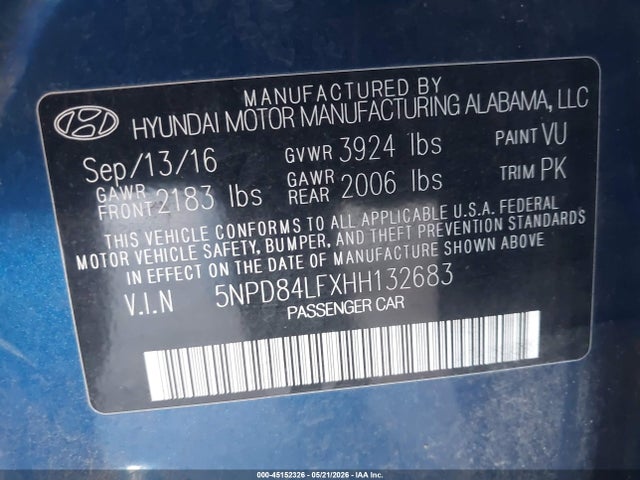 5NPD84LFXHH132683 Hyundai ELANTRA SE