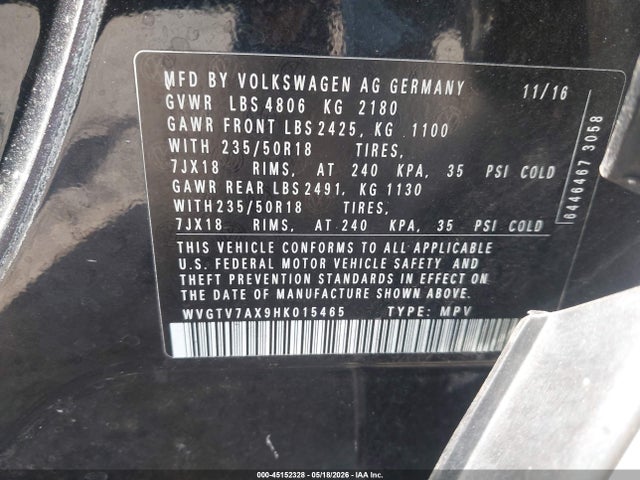 45152328 :رقم المزاد ، WVGTV7AX9HK015465 vin ، 2017 Volkswagen Tiguan 2.0t Sport مزاد بيع