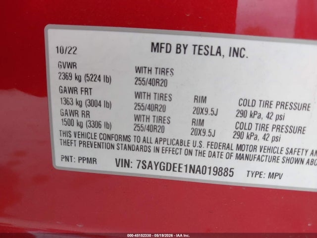 Продажа на аукционе авто 2022 Tesla Model Y Long Range Dual Motor All-wheel Drive, vin: 7SAYGDEE1NA019885, номер лота: 45152330