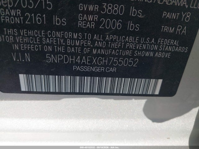 45152332 :رقم المزاد ، 5NPDH4AEXGH755052 vin ، 2016 Hyundai Elantra Se مزاد بيع