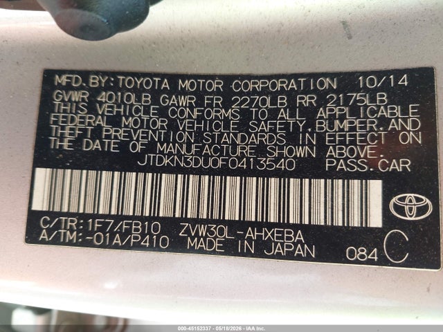 JTDKN3DU0F0413540 Toyota Prius Three