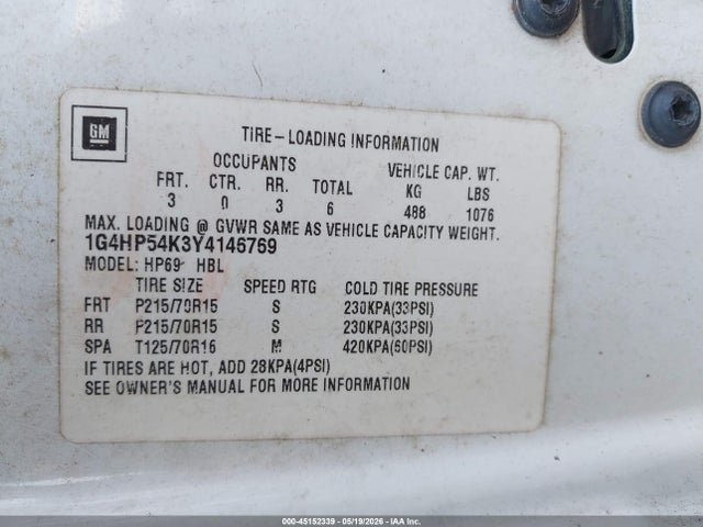 2000 Buick Lesabre Custom მანქანა იყიდება აუქციონზე, vin: 1G4HP54K3Y4146769, აუქციონის ნომერი: 45152339