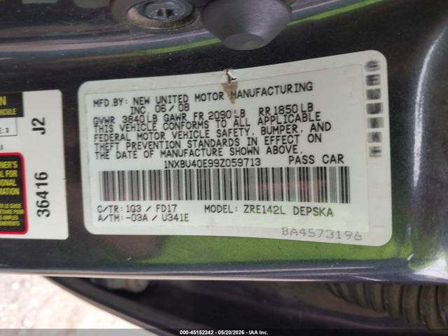 2009 Toyota Corolla S მანქანა იყიდება აუქციონზე, vin: 1NXBU40E99Z059713, აუქციონის ნომერი: 45152342