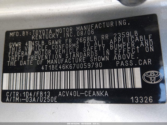 Продажа на аукционе авто 2007 Toyota Camry Le, vin: 4T1BE46K67U059790, номер лота: 45152346