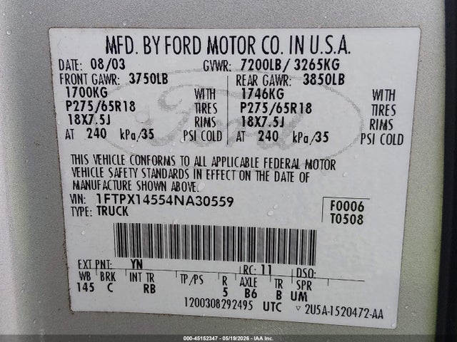 Aukcja sprzedaży 2004 Ford F-150 Fx4/lariat/xl/xlt, vin: 1FTPX14554NA30559, numer aukcji: 45152347