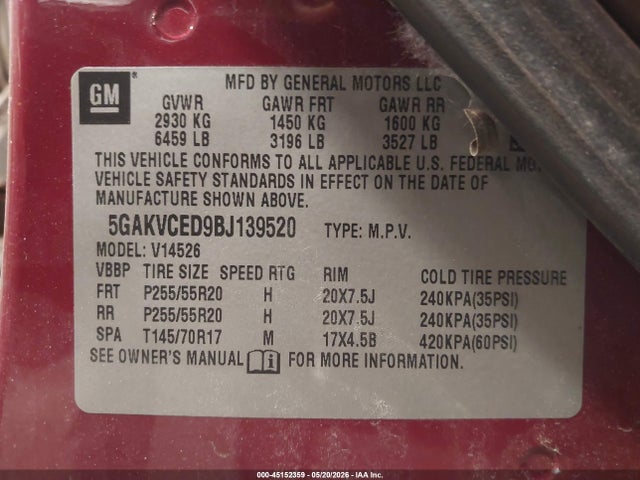 Aukcja sprzedaży 2011 Buick Enclave 2xl, vin: 5GAKVCED9BJ139520, numer aukcji: 45152359
