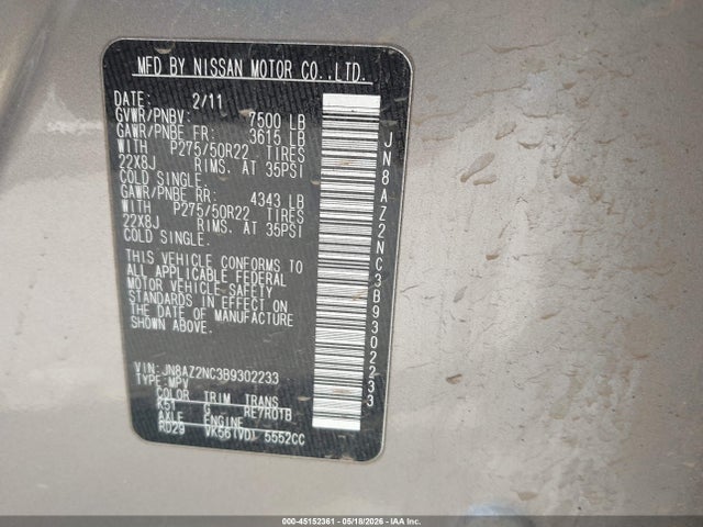 Aukcja sprzedaży 2011 Infiniti Qx56, vin: JN8AZ2NC3B9302233, numer aukcji: 45152361