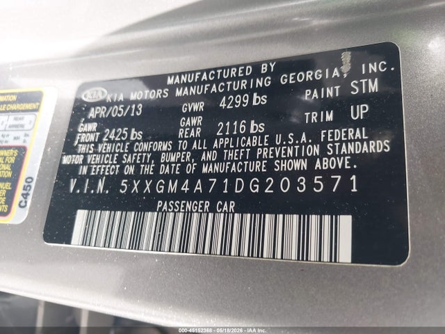 45152368 :رقم المزاد ، 5XXGM4A71DG203571 vin ، 2013 Kia Optima Lx مزاد بيع