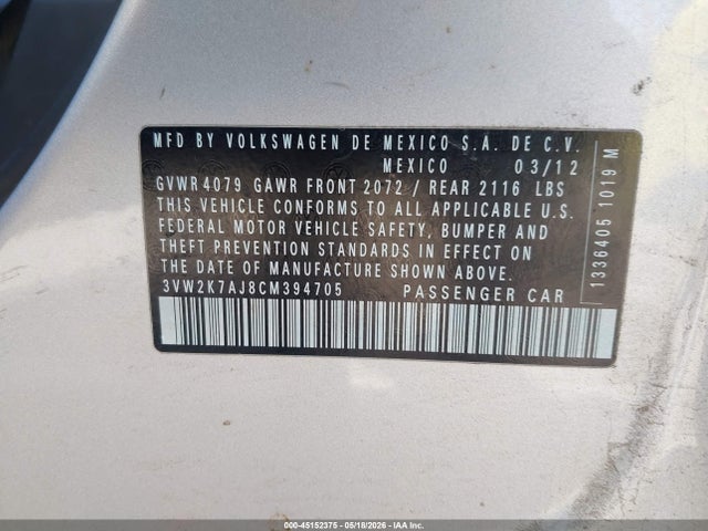 Продаж на аукціоні авто 2012 Volkswagen Jetta 2.0l S, vin: 3VW2K7AJ8CM394705, номер лоту: 45152375