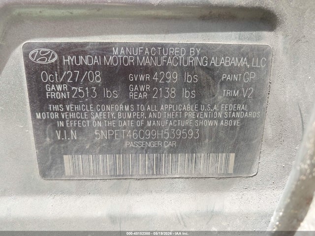 Aukcja sprzedaży 2009 Hyundai Sonata Gls, vin: 5NPET46C99H539593, numer aukcji: 45152380