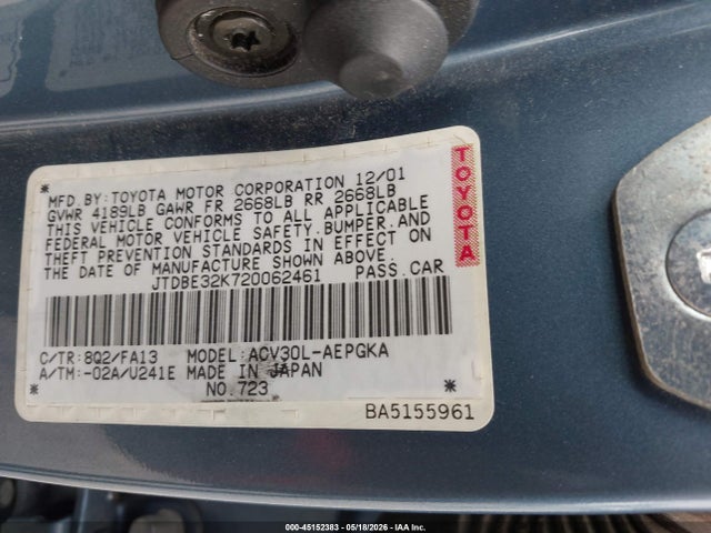 Продаж на аукціоні авто 2002 Toyota Camry Xle, vin: JTDBE32K720062461, номер лоту: 45152383