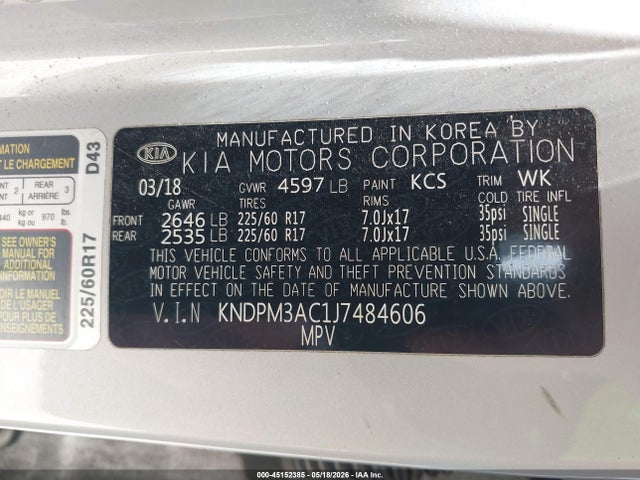 Продажа на аукционе авто 2018 Kia Sportage Lx, vin: KNDPM3AC1J7484606, номер лота: 45152385