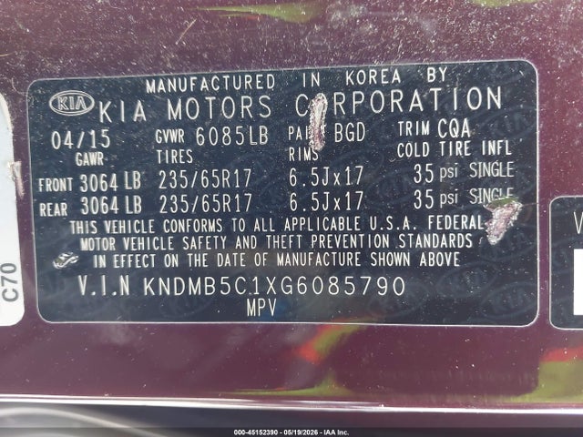 Aukcja sprzedaży 2016 Kia Sedona Lx, vin: KNDMB5C1XG6085790, numer aukcji: 45152390