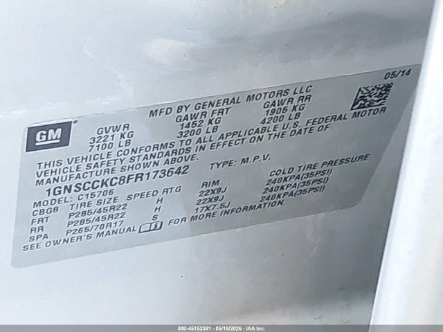 Aukcja sprzedaży 2015 Chevrolet Tahoe Ltz, vin: 1GNSCCKC8FR173642, numer aukcji: 45152391
