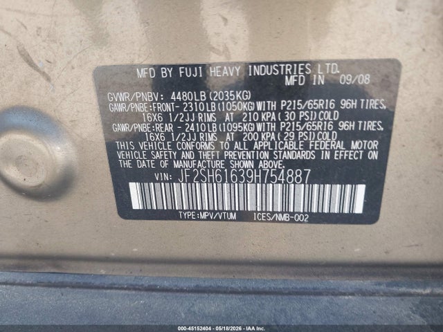 2009 Subaru Forester 2.5x მანქანა იყიდება აუქციონზე, vin: JF2SH61639H754887, აუქციონის ნომერი: 45152404