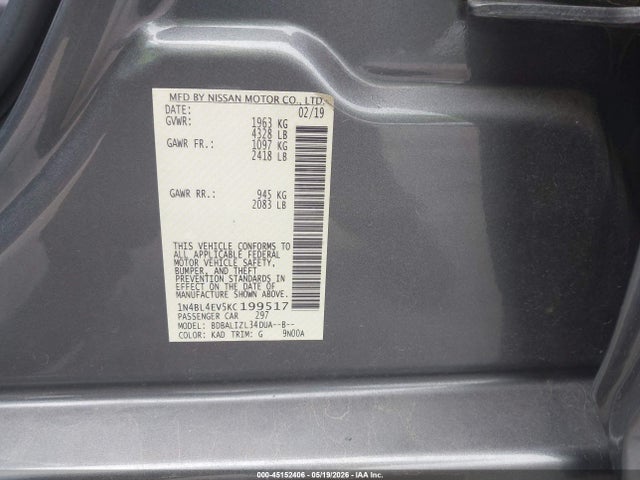 Aukcja sprzedaży 2019 Nissan Altima 2.5 Sl, vin: 1N4BL4EV5KC199517, numer aukcji: 45152406