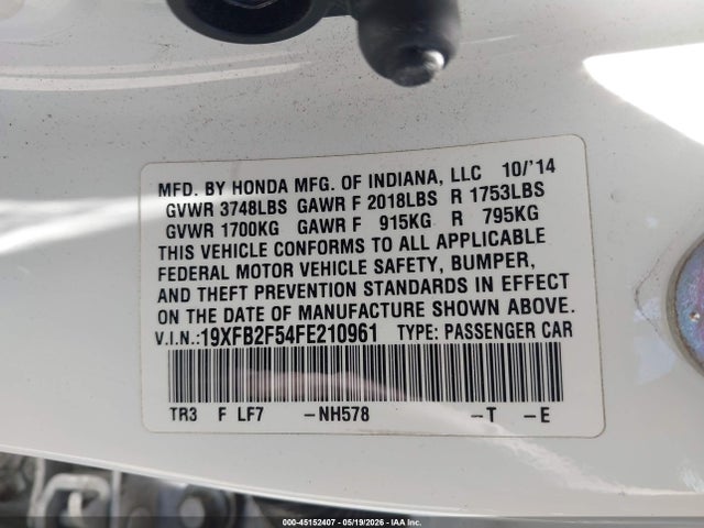 2015 Honda Civic Lx მანქანა იყიდება აუქციონზე, vin: 19XFB2F54FE210961, აუქციონის ნომერი: 45152407