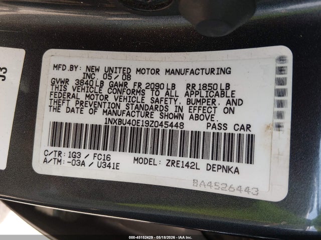 Продажа на аукционе авто 2009 Toyota Corolla Xle, vin: 1NXBU40E19Z045448, номер лота: 45152429